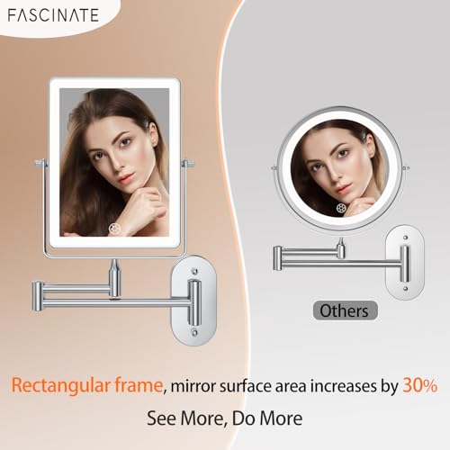 FASCINATE 5000mAh Rechargeable Wall Mounted Makeup Mirror, 8.7" Double Sided Touch Switch 1X/30X Rectangle Wall Mounted Magnifying Mirror with Light, 3 Color Setting, Extended Arm 360¡Æ Swivel Foldable