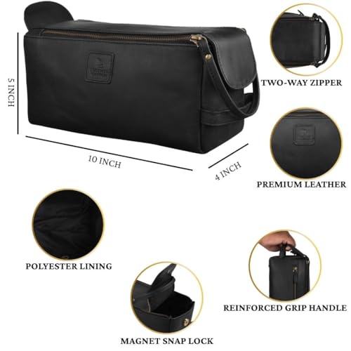 Full Grain Leather Toiletry Kit for Men & Women ? Travel Toiletries & Shaving Bag Organizer, Water-Resistant Grooming Case for Bathroom, Makeup & Cosmetic Storage - Midnight Black