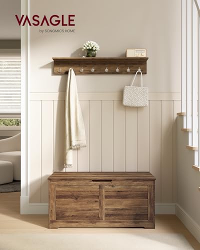 VASAGLE Storage Chest Bench - 39.4 Inch Wide Lidded Storage Ottoman with 2 Safety Hinges, Honey Brown