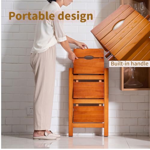 Brown 3-Step Folding Ladder Stool - Solid Pine Wood, Max 330 lb Capacity, Anti-Slip, Space-Saving Design for Home & Kitchen