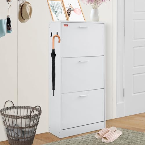 Wooden Shoe Cabinet with 3 Flip Drawers and Side Hooks, 9.33”D x 23.62”W x 47.24”H Entryway Storage Solution