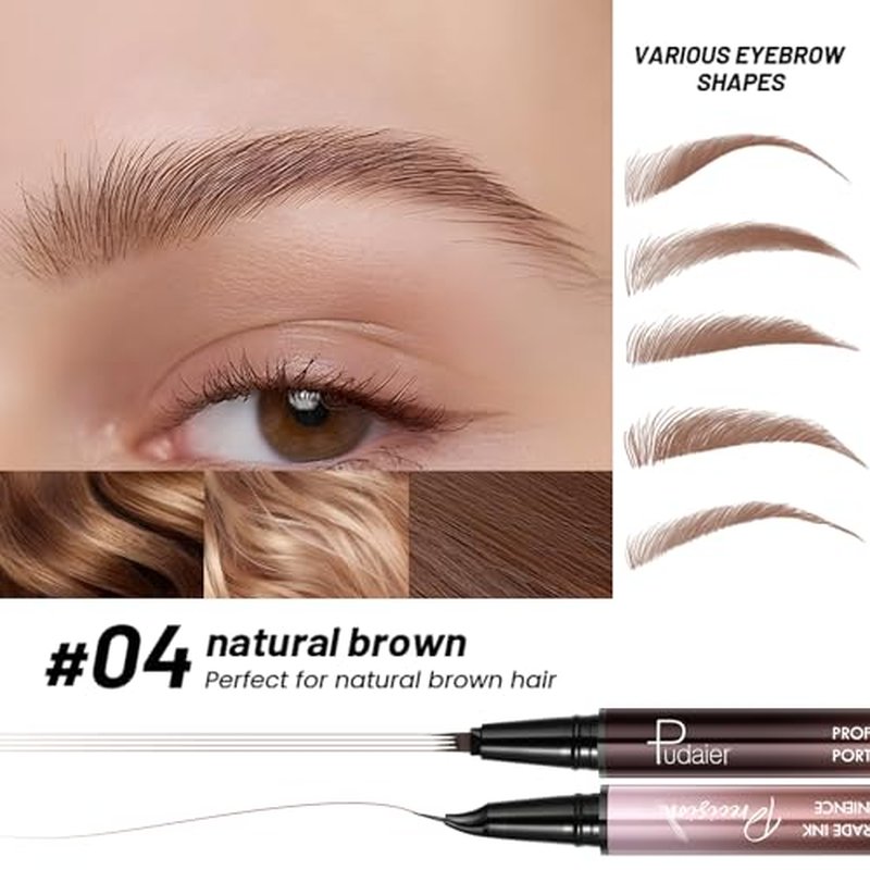 2 Pack Eyebrow Pen, Waterproof Microblading Eyebrow Pencil, 2-in-1 4 Tip Eye Brow Makeup Pen for Women with Precise Curved Brush-Tip Create Natural Hair-Like Brows, Last All-Day (Natural Brown)