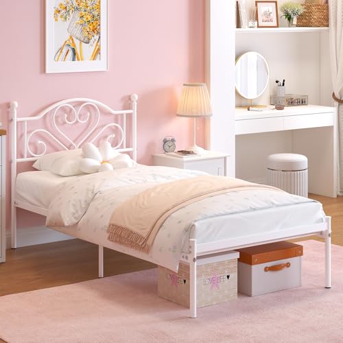 White Twin Bed Frame with Heart Headboard - Heavy Duty Metal Platform for Kids & Teens