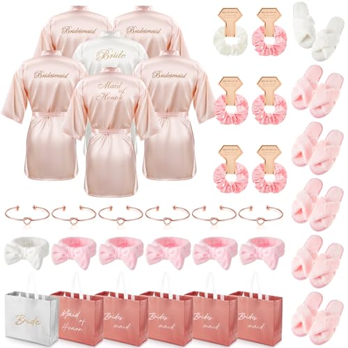 Bride and Bridesmaids Robes Set with Slippers & Accessories - White, Pink - 6