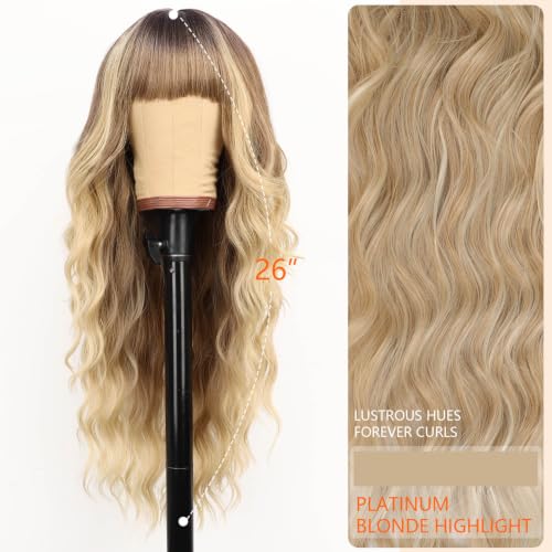 Ombre Blonde Synthetic Wig with Bangs - Long Wavy 26 Inch Hair for Women