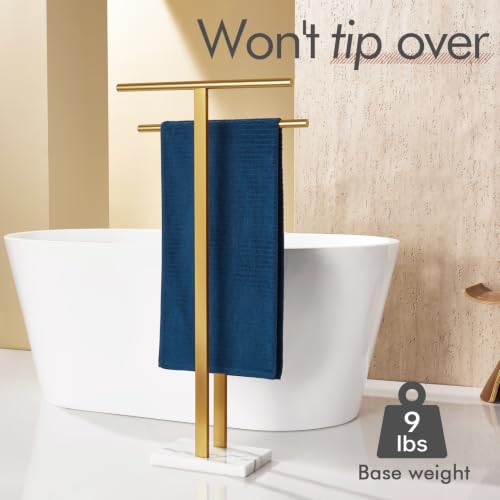 Brushed Gold Standing Towel Rack with Marble Base - 2-Tier Bathroom Towel Holder