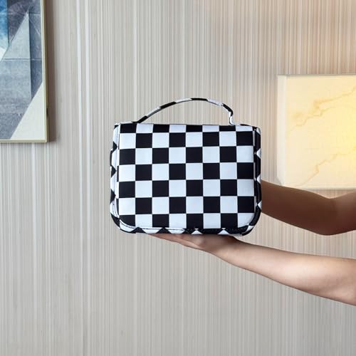 Crazy Bison Hanging Travel Toiletry Bag Kit Makeup Bag Cosmetics Organizer for Men Women (Black & White Checkerboard)