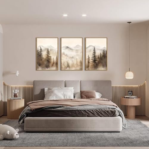 Large Mountain Forest Wall Art Set of 3 - Framed Canvas Prints, 16x24 Inches, Brown Variation