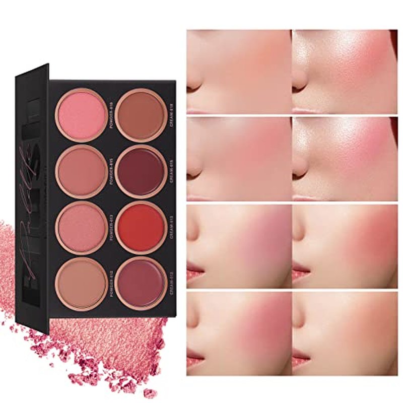 8 Colors Blush Palette, 4 Powder + 4 Cream Blush, Contour and Highlight Blush Palette, Natural Nude Makeup Brighten Skin Tone Portable Makeup Blush, Professional Facial Makeup Blush