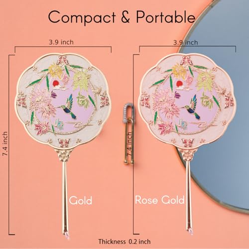 Hummingbird Gold Hand Mirror with Embossed Patterns - Elegant Metal Makeup Mirror, Compact & Portable
