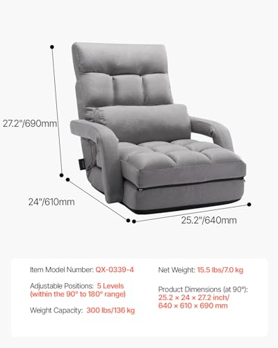 Gray VEVOR Floor Gaming Chair with Adjustable Backrest & Foldable Lounger