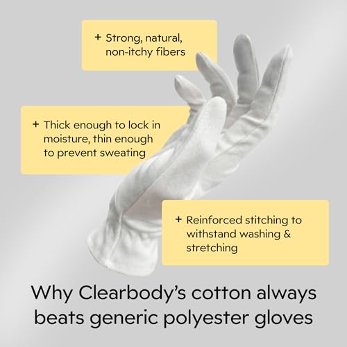 Clearbody Organics 100% Organic Cotton Gloves for Dry Hands Sleeping - Overnight Moisturization for Cracked, Sensitive and Rough Hands - Hypoallergenic, Soft and Breathable (5 Pairs, Size L)