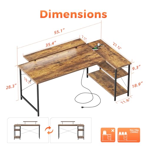 55-inch L-Shaped Gaming Desk with Monitor Stand and Storage