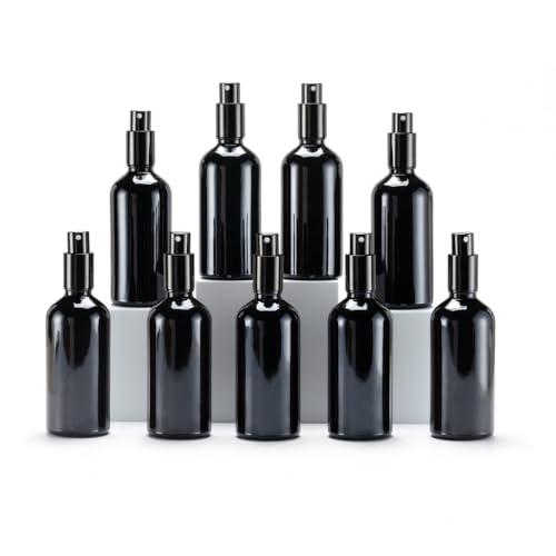4oz Refillable Black Glass Spray Bottles with Fine Mist Spray - Pack of 9, Travel & Essential Oil Use