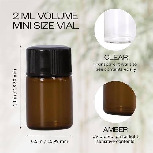 Beauticom 2ML Amber Glass Vial Pack of 144 with Orifice Reducers - Travel & Aromatherapy Bottles