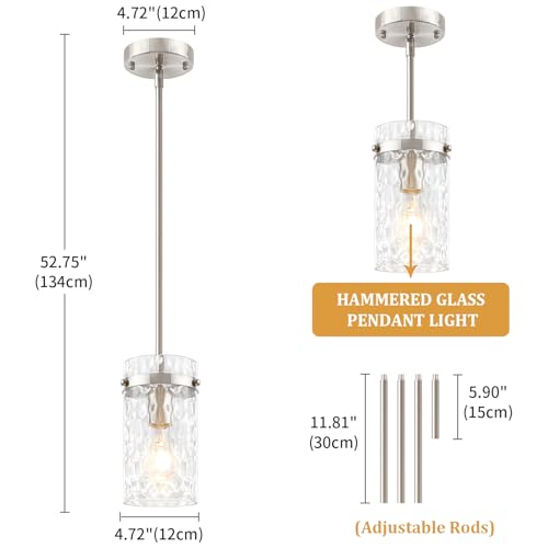 2 Pack Modern Brushed Nickel Pendant Lights with Handblown Hammered Glass
