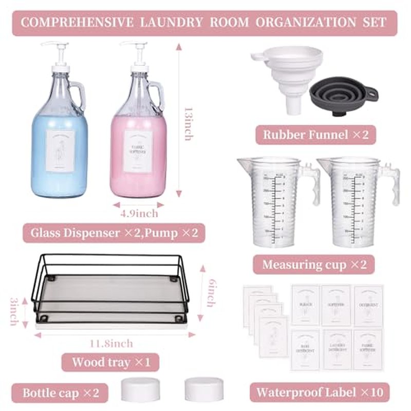 2 Pcs Glass Liquid Laundry Detergent Dispenser, Half Gallon Dispenser for Laundry Room (64 oz. Each), Laundry Detergent Bottles with Pump Dispenser -Includes Labels, Measuring Cups,Wooden Stand