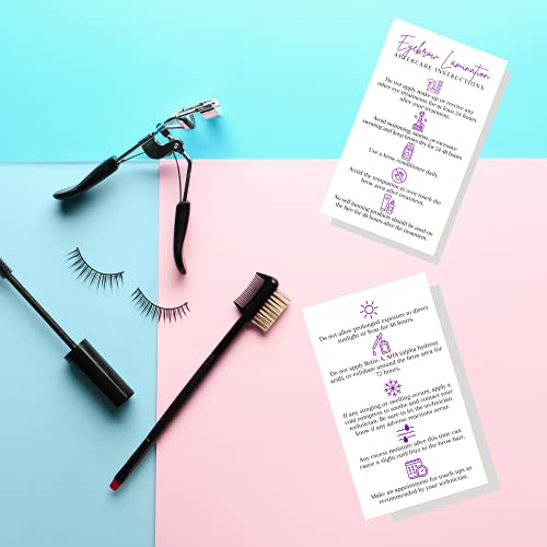 Brow Lamination Aftercare Card | 50 Pack | 2x3.5¡± inches Business Card Size | Starter Lift Kit At Home DIY Brow Lift and Tint | Snatched Brows White with Purple Design