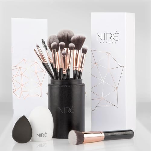 Nir? Beauty 15piece Award Winning Professional Makeup Brush Set: Vegan Makeup Brushes with Case, Makeup Sponge, Brush Cleaner, Guide, Gift Box