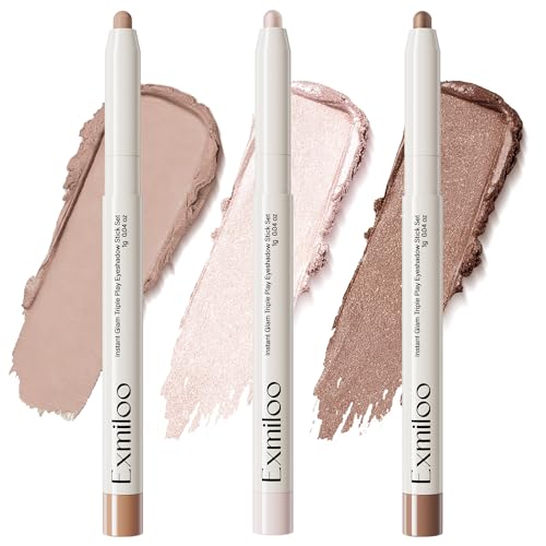 Exmiloo Cream Eyeshadow Stick Set, 3 Colors-Waterproof Long Lasting Eye Shadow Sticks with Shimmer & Matte Finish, Easy-to-Blend Eyeshadow Pencil, Vegan & Cruelty-Free