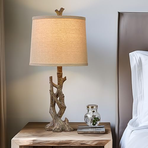 Rustic Farmhouse Table Lamp Set - Twig Dark Brown with Oatmeal Shade for Bedroom & Living Room