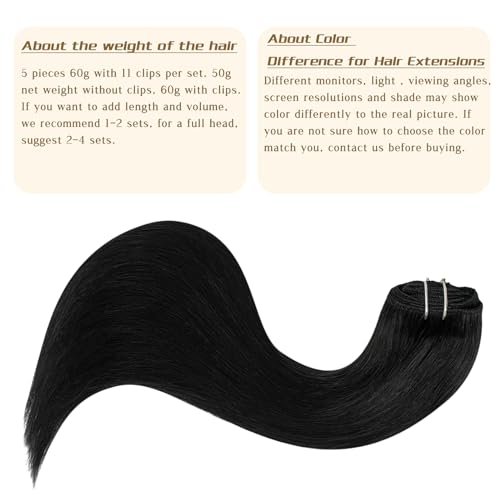Clip in Remy Human Hair Extensions 20 Inch Straight Natural Black 1B - 5 Pack