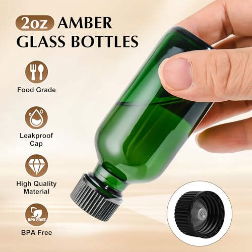 Small Glass Bottles with Lids Boston Round Shot Bottles for Health, Immunity, Ginger Juice, Essential Oils, Potion - Leak Proof Mini Travel Containers (Green UV, 2oz-48Pack)