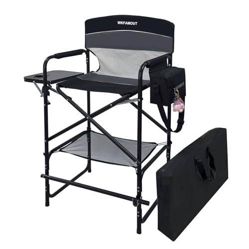 Black Tall Folding Director Chair with Side Table & Cosmetic Bag - 30.7" Seat Height, Supports 350 lbs
