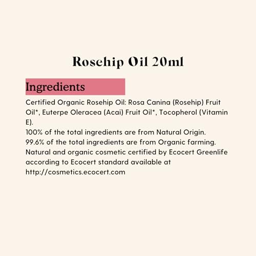 Organic Rosehip Oil for Face and Body - Hydrating Natural Skin Care with Vitamin E, 20ml