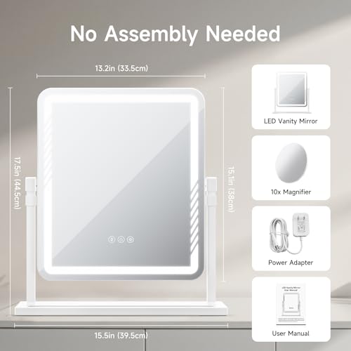 Vanity Mirror with Lights, Height-Adjustable & 360¡Æ Rotation, 1/10X Magnification, Three Color Lighting Modes, Makeup Mirror Smart Touch Control, Large Vanity Desk Mirror (17.5in,White)