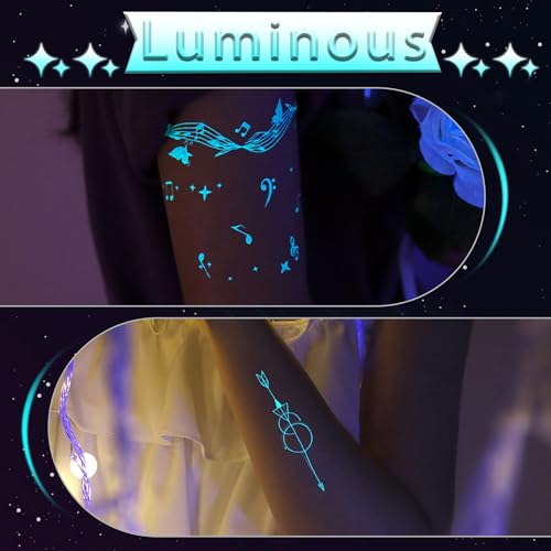 Blue Luminous Temporary Tattoos Glow in the Dark Music Festival Moon Tattoos Waterproof Planet Star Fake Tattoo Sticker for Women Men Face Body Arm Party Cute Skin Tattoo Decorations