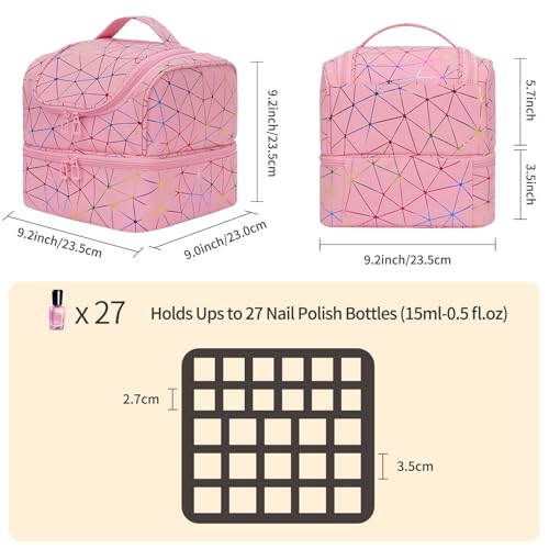 CUBETASTIC Triangle Pink Nail Polish Organizer Bag - Holds 27 Bottles & Lamp, Travel Manicure Case