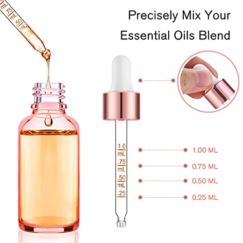 PrettyCare Glass Eye Dropper Bottles 2oz (60ml), 63 Pack Empty Thick Rose Glass Bottles Bulk with Leakproof Caps - With Labels & Funnels for for Storage, Travel,Essential Oils, DIY Serums, Tincture