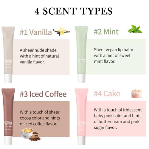 4 Colors Butter Lip Balm Lip Tint Hydrating Lip Gloss, High Shine Nude Color Hydrating Finish Lip Glow Oil (4 Flavors)