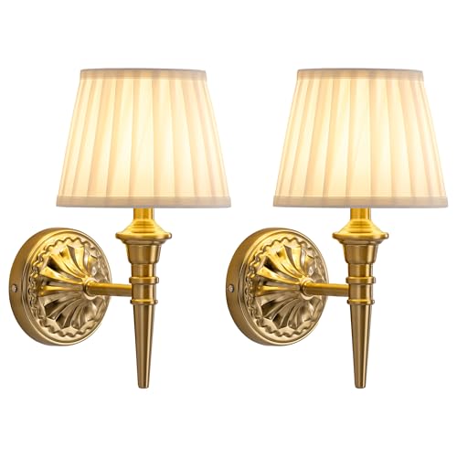 KDG Set of 2 Gold Wall Sconces with Beige Fabric Shades, Dimmable Touch-Control Lamps, Wireless Rechargeable LED Wall Lights