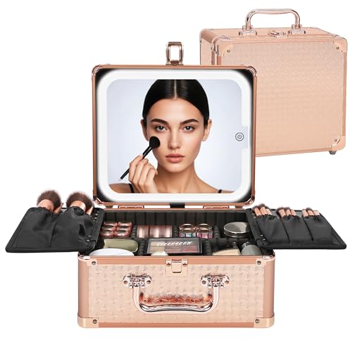 Relavel Small Rose Gold Makeup Bag with LED Mirror & Travel Organizer