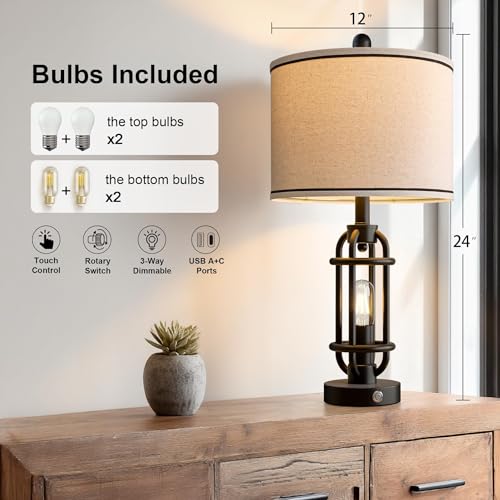 24-Inch Black Table Lamps Set of 2 with USB Ports - Industrial Vintage Nightstand Lights