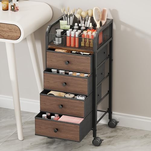 SWTYMIKI Rolling Makeup Organizer Cart - Floor Skincare Make Up Storage with 4 Non-woven Drawers, Vanity Organizer Cosmetic Display Cases Cabinet for Skin Care Perfume Nail Polish Brush Hair Tool