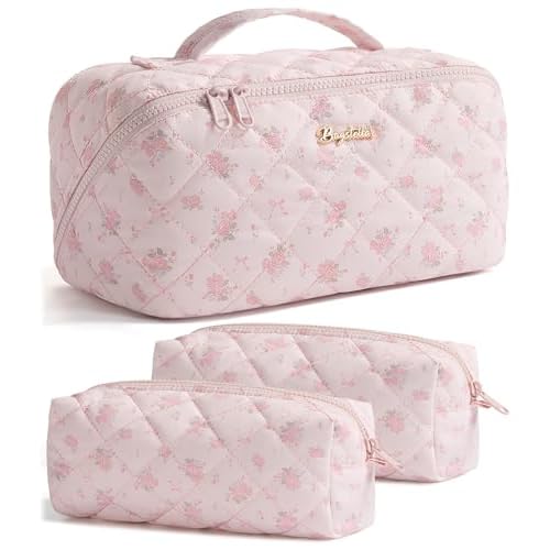 Travel Makeup Bag, 3 Pcs Large Capacity Puffy Toiletry Bag for Women, Open Flat Make up Cosmetic Organizer w/Handle & Clear Divider Water-resistant Portable Pouch Travel Essentials, L-Pink Rose