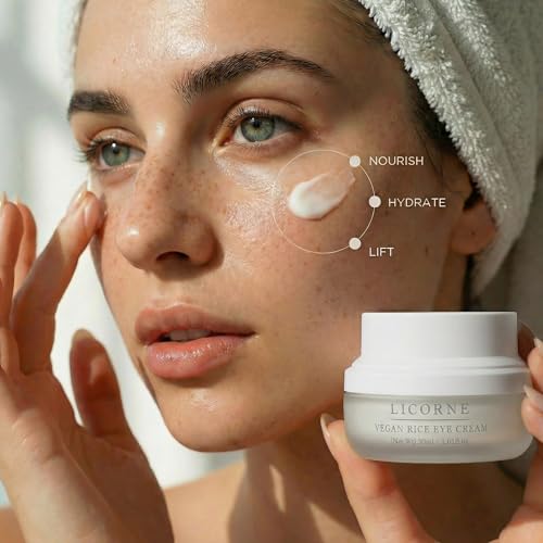 LICORNE Vegan Rice Eye Cream for Dark Circles and Puffiness - Thick Butter Texture Under Eye Care with AHA & PHA, Fragrance Free Hydration for Sensitive Skin, Large 1.01 Fl Oz (30ml)