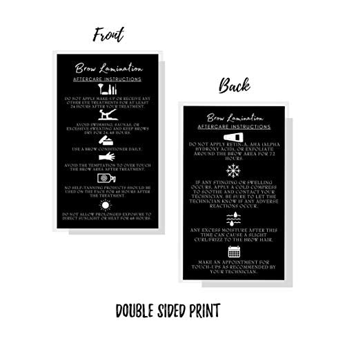 Brow Lamination Aftercare Instruction Cards | 50 Pack | 2x3.5¡± inches Business Card Size | Starter Lift Kit At Home DIY Brow Lift and Tint | Snatched Brows Black with White Icons Design