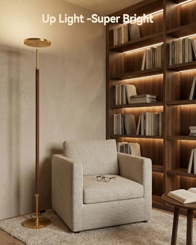 JOOFO Walnut Wood & Brushed Brass LED Torchiere Floor Lamp with Remote, Dimmable 3000LM
