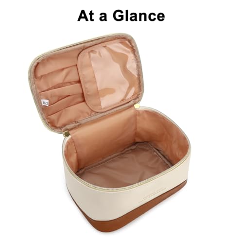 Small Makeup Bag Travel Cosmetic Bag Toiletry Zipper Pouch Make Up Organizer Bag with Handle Purse for Women Soft PU Leather Skincare Case (L01-Beige)