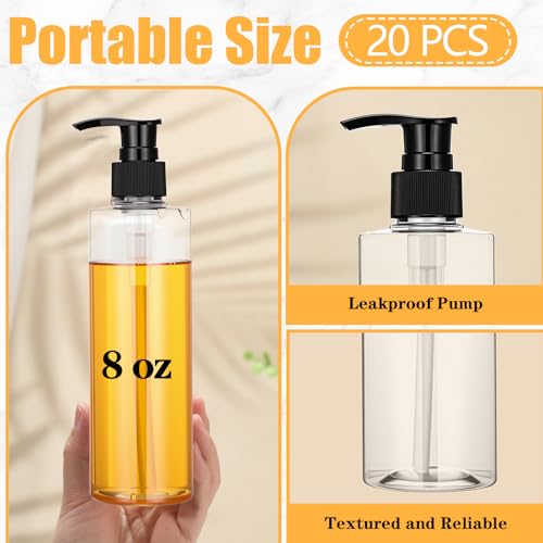 Thyle 20 Pcs Plastic Pump Dispenser Bottle 8 oz Refillable Plastic Bottles Bulk Lotion Container Travel Lock Empty container for Shampoo Massage Oil Dispensing (Clear)