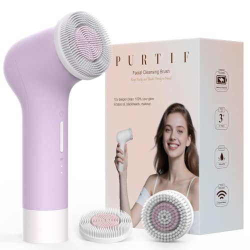 Purple Electric Facial Cleansing Brush with Dual-Ring Heads - Rechargeable Silicone & Exfoliator