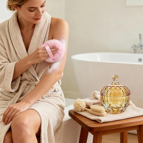 kanpura 2 Pcs Extra Large Body Powder Puff and Container Clear 6 Inch Body Powder Puff and Crystal Container for Baby Women Reusable, Washable, Wet and Dry Makeup (Amber)