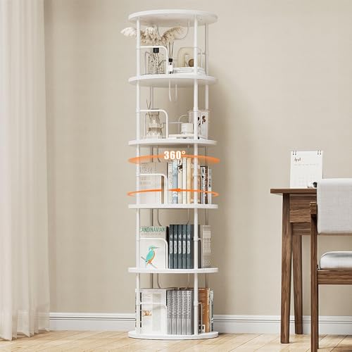Round 5-Tier Rotating Bookshelf - White Tall Corner Spinning Bookcase