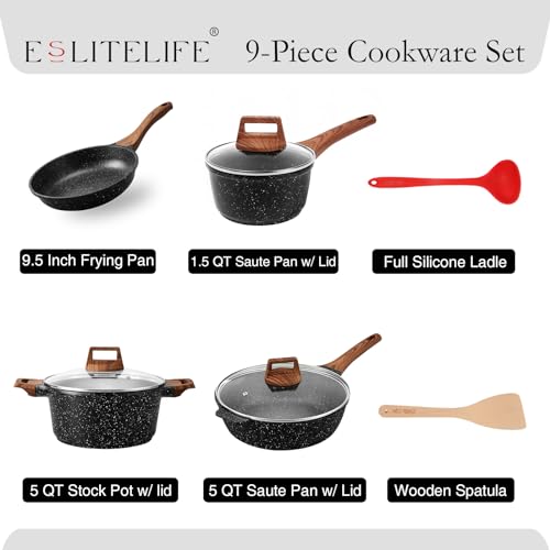Black 9-Piece Nonstick Cookware Set with Granite Coating, Compatible with All Stovetops