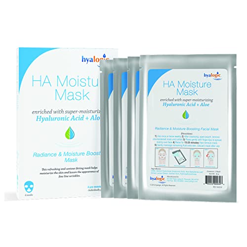 Hyalogic Hyaluronic Acid & Aloe Face Mask Pack of 4 - Hydrating & Radiance Boosting Sheet Mask for Women - 0.34 Ounce