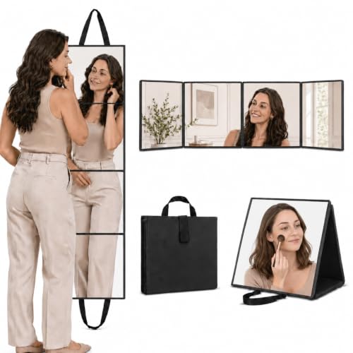 Adzyz Black Foldable Full Length Travel Mirror 39x11.6 Inch 3-Way Standing & Hanging Compact Design